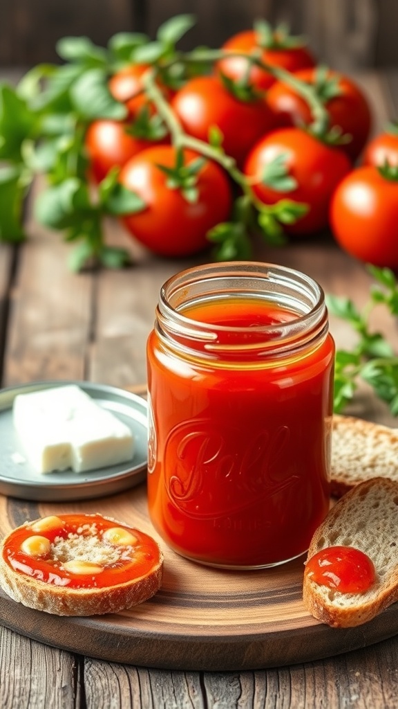A jar of homemade tomato jelly with bread and cheese on a wooden table, surrounded by fresh tomatoes.